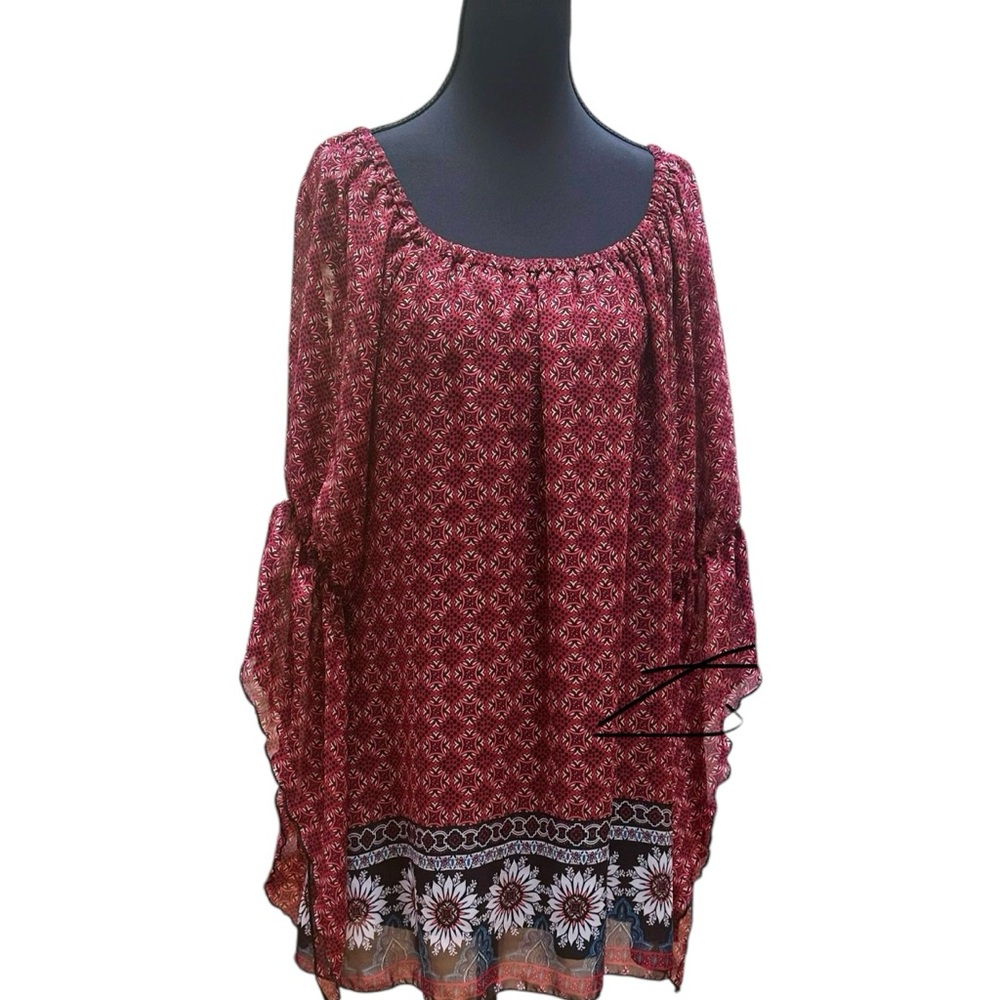 New Directions Tunic Blouse Top Copper Patterned Floral Hem.